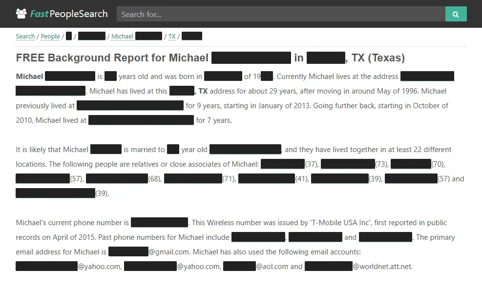 Visualization of a people-search site exposing personal details