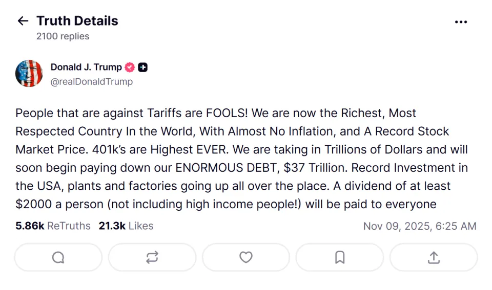 Trump Calls Tariff Critics "Fools", Promises $2,000 Dividend